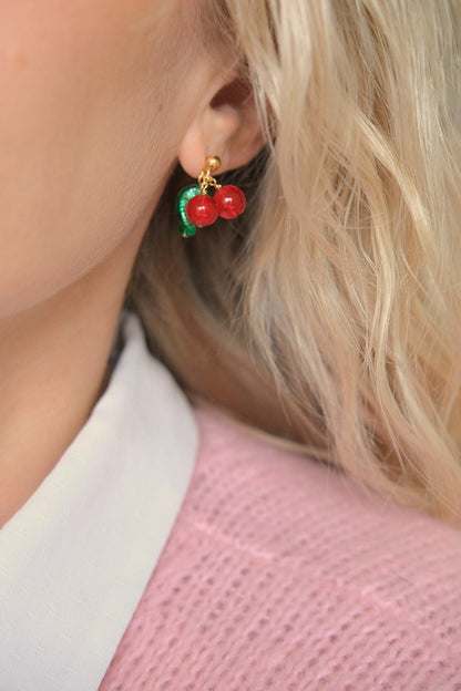 Amarena Cherry Stud Earrings - Red/Green/Gold Vermeil
