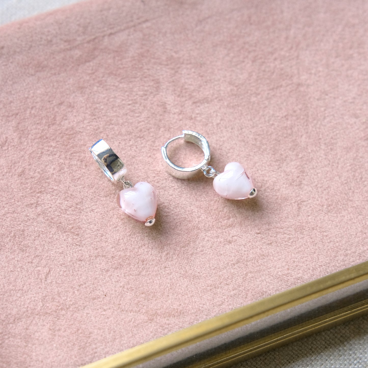 Pink Heart Hoop Earrings - Sterling Silver