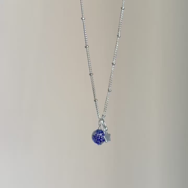 blue and sterling silver dainty Murano glass star necklace with satellite chain