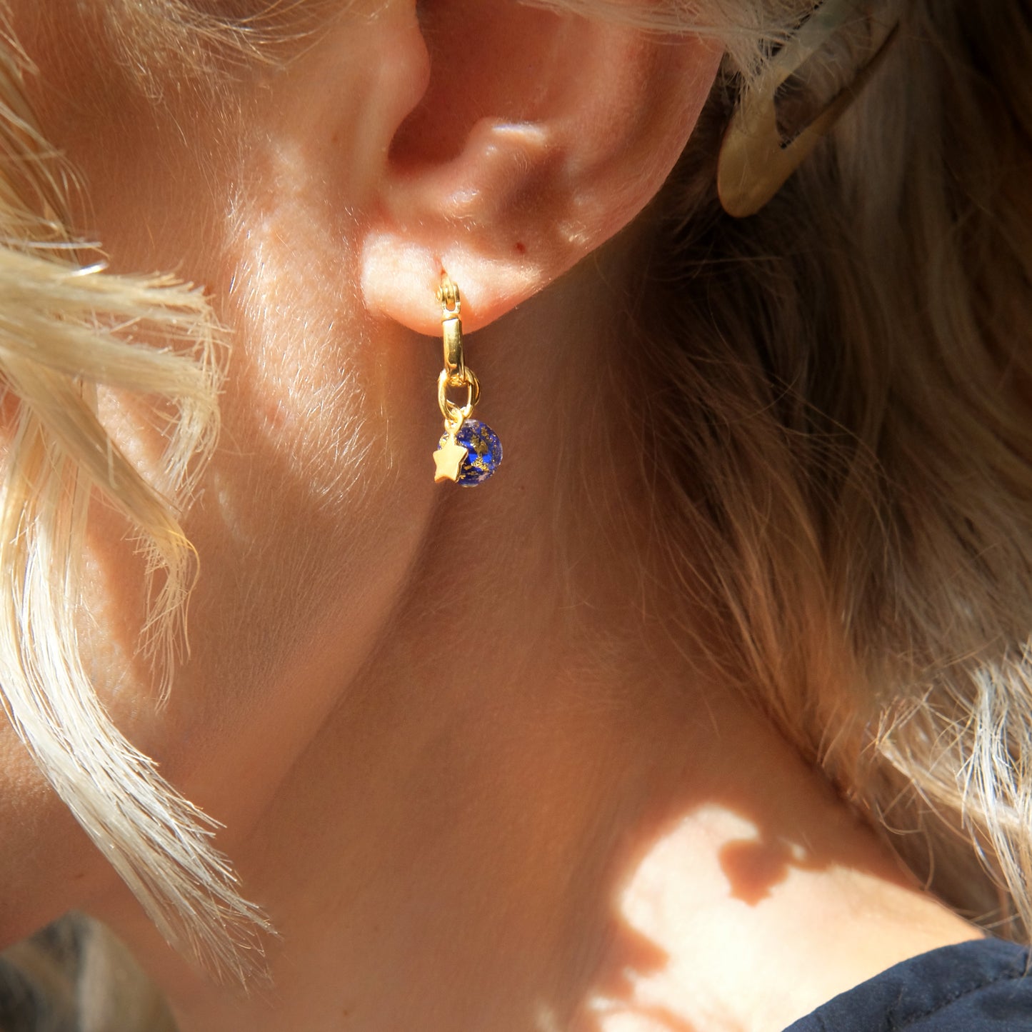 Shine On Huggie Earrings - Blue Speckle/Gold Vermeil