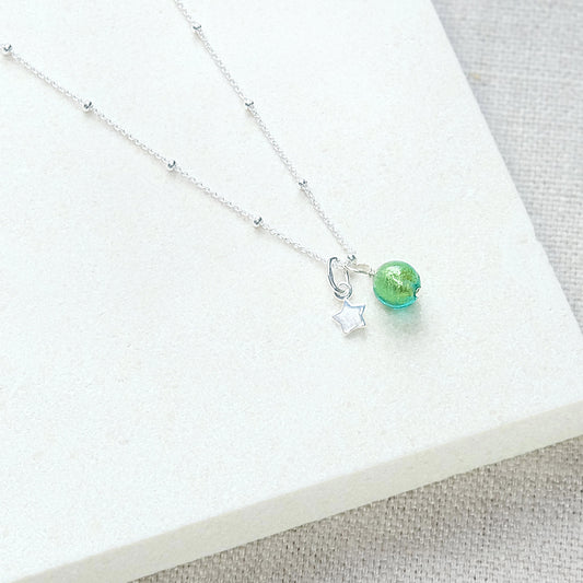 Green bead necklace with star in sterling silver